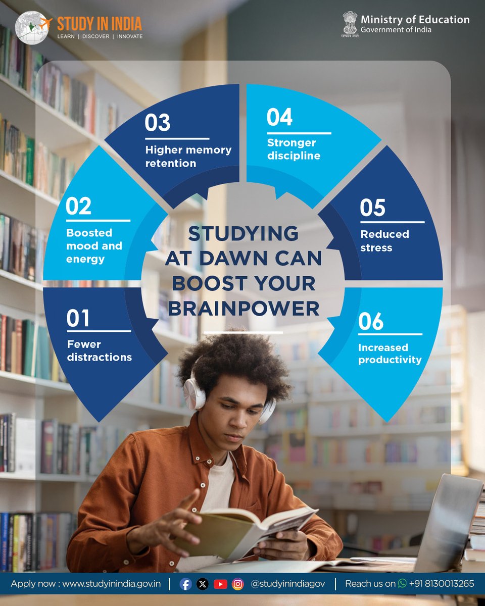StudyInIndiaGov's tweet image. Rise with the sun, rise with your mind 🌅✨
Studying at dawn means fewer distractions, sharper focus, and a refreshed brain ready to absorb it all. Ready to make mornings your secret weapon?
Apply now: studyinindia.gov.in