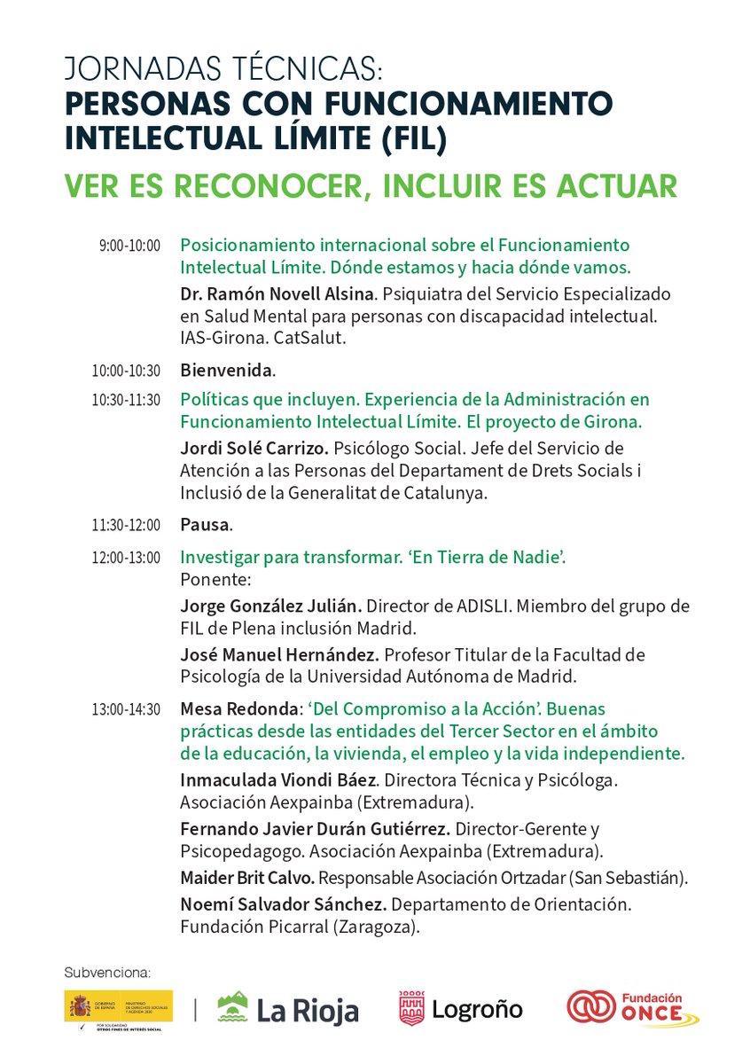 📢Ya puedes conocer el programa completo
de las Jornadas Técnicas que organizamos
sobre Funcionamiento Intelectual Límite (FIL).

Un espacio para analizar, investigar
y compartir experiencias
que impulsen la inclusión social y laboral.

#PlenainclusiónLaRioja #FIL