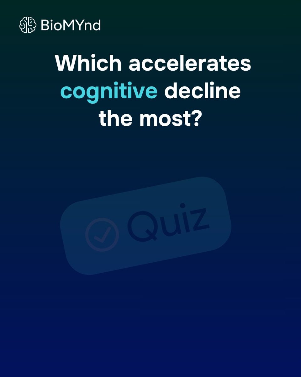 Biomyndofficial's tweet photo. Quiz Time! 🧠
Which accelerates cognitive decline the most?
A) Stress
B) Poor sleep
C) Unhealthy diet
D) All of the above
(Answer: D 👀)
Fun Fact: Chronic exposure to these factors can speed up brain aging by up to 60%!
#BrainHealth #CognitiveFitness #NeuroScience #MentalWellness https://t.co/PQoPyotPuW