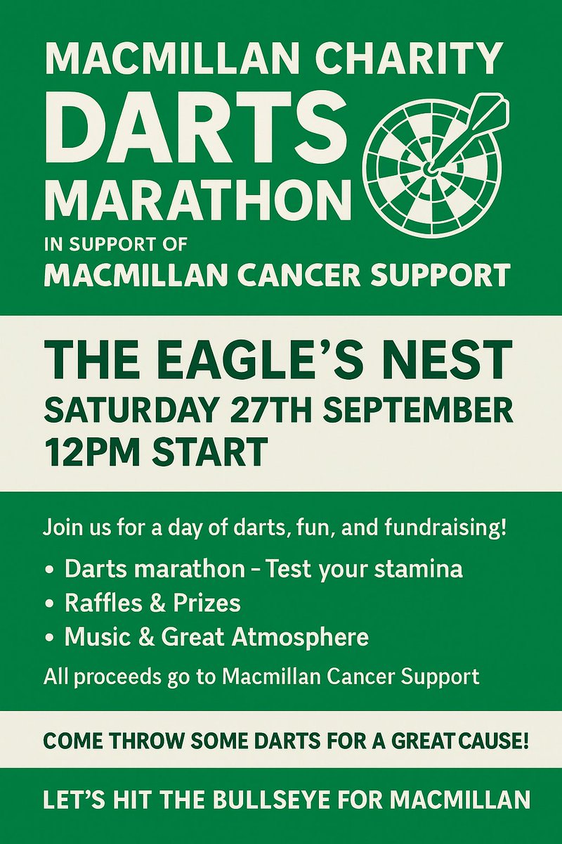 This weekend, the Eagle Darts team is taking on the Macmillan Darts Marathon challenge!! 

100,000 points in 12 hours or less!!

If you can support us by donating, we would be very grateful.

dartsmarathon.macmillan.org.uk/users/dave-smi…

We will be live streaming on YouTube.

Thank you.