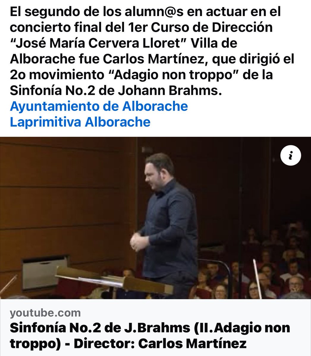 El segundo de los alumn@s en actuar en el concierto final del 1er Curso de Dirección “José María Cervera Lloret” Villa de Alborache fue Carlos Martínez, que dirigió el 2o movimiento “Adagio non troppo” de la Sinfonía No.2 de Johann Brahms. youtu.be/vaJdXQd-kNI?si…