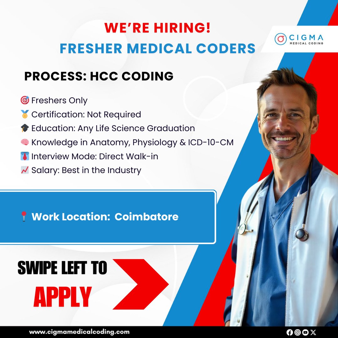 cigmahealthcare's tweet image. We’re Hiring – HCC Medical Coders (Fresher)
Kickstart your career in Medical Coding with us!
Apply Now: cigmamedicalcoding.com/job-vacancies/…
👉 Immediate joiners preferred!
#MedicalCodingJobs #HCCMedicalCoder #MedicalCodingFresher #LifeScienceGraduates