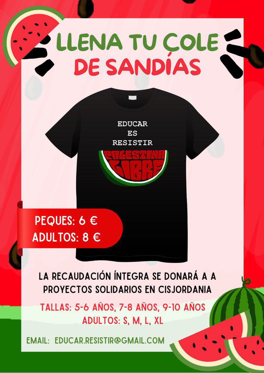 🍉 ¡Que las sandías llenen nuestros centros educativos!. Frente a la censura, resistencia y solidaridad.
Pallasos en Rebeldía y el PCE de Rivas lanzamos camisetas edición limitada (6€ peques / 8€ mayores).

🇵🇸 Todos los beneficios irán íntegros a proyectos en Cisjordania.