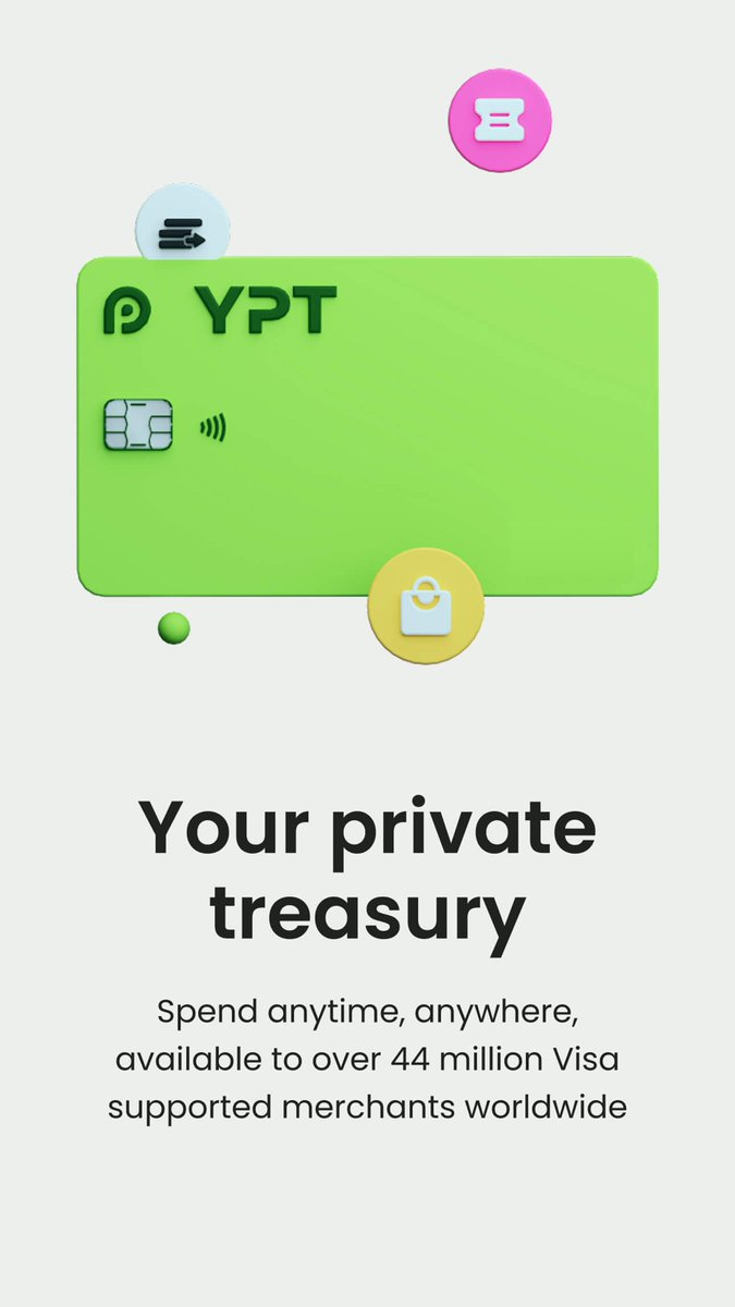 YPT_Official's tweet photo. 🚀 Welcome to YPT, your one-stop crypto payment solution.

🪙 Wallet
Travel globally & use crypto just like cash — no borders, no hassle.

💳 Card
Multi-platform binding. Spend easier, smarter, anywhere.

🛡 Register
Your private treasury awaits. Use your YPT card at 44M+ Visa merchants worldwide.

Own your spending.
#YPTCard #CryptoWallet #Visa #Web3Payments #CryptoMadeEasy