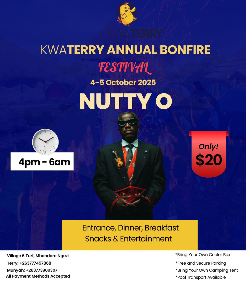 Munyah_Wacho's tweet image. Traditional Food Fiesta and Bonfire Night KwaTerry 🔥.
Date: 4 October 4pm to 5 October 6am.
Fee: $20 per person - covers supper, breakfast, snacks and entertainment
Live performances by Nutty O, Poptain and Hulengende.
Payment: Advance - Ecocash or InnBucks 0773909307 or Cash…