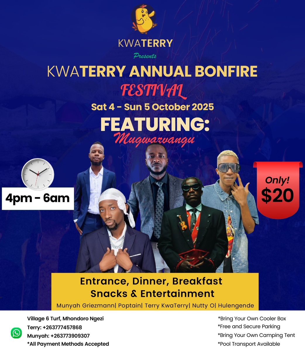 Munyah_Wacho's tweet image. Traditional Food Fiesta and Bonfire Night KwaTerry 🔥.
Date: 4 October 4pm to 5 October 6am.
Fee: $20 per person - covers supper, breakfast, snacks and entertainment
Live performances by Nutty O, Poptain and Hulengende.
Payment: Advance - Ecocash or InnBucks 0773909307 or Cash…