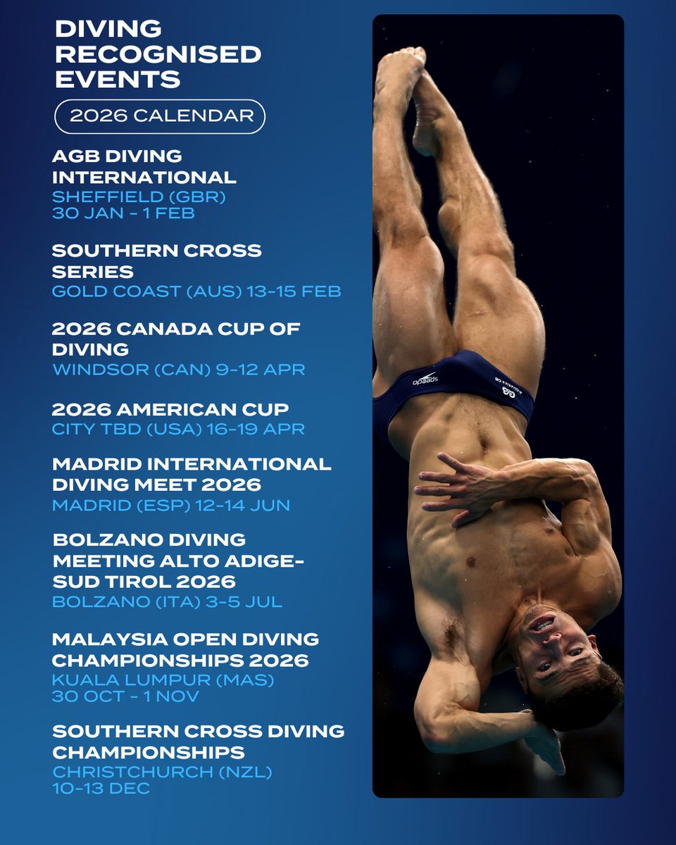 🌍 Eight competitions, four continents, one passion! The 2026 World Aquatics Diving Recognised Events will bring elite action to every corner of the globe. From Sheffield to Christchurch, the world’s best divers are ready to shine.

📅 Mark your calendars and follow the journey