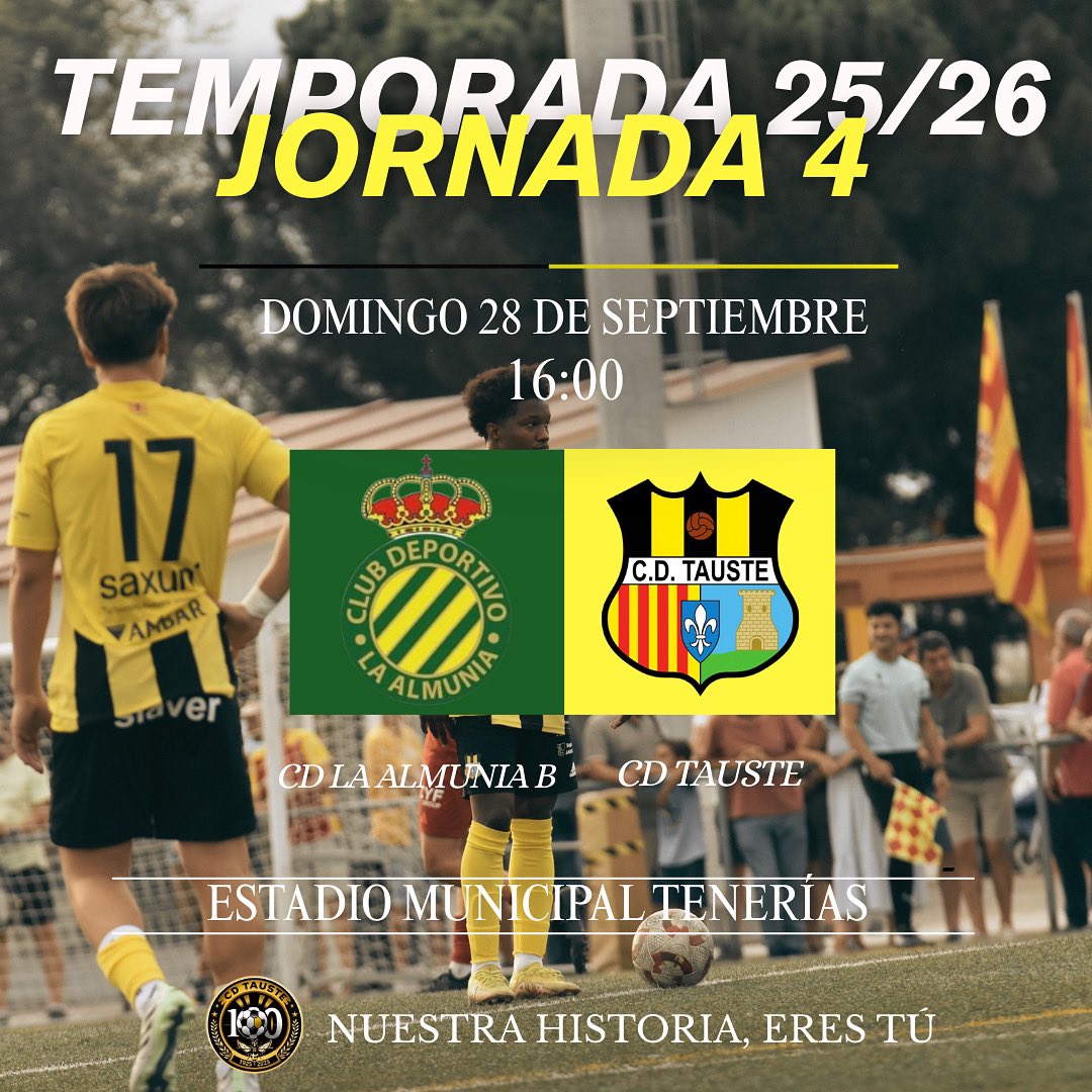 JORNADA 4⚽️

Partido correspondiente a la jornada 4, en el que visitaremos Tenerías. Una salida complicada ante un rival joven, pero que pondrá muy complicadas las cosas. Por nuestra parte, queremos seguir sumando de tres, tras este buen arranque. 
Os esperamos! 
Aupa el Tauste🐝