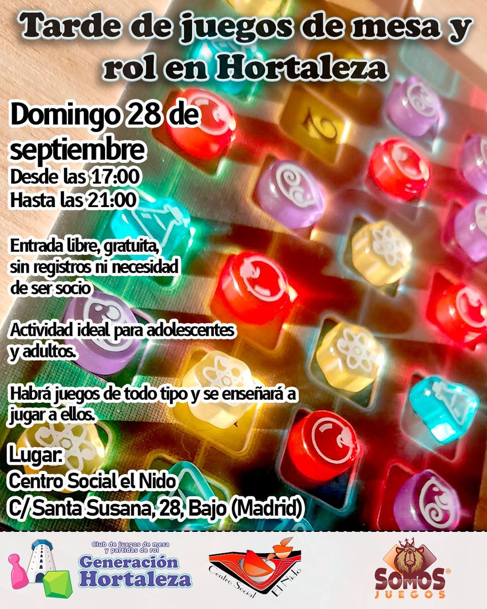 SE HACE DE SABER

Que este domingo 28 de septiembre volvemos a Centro Social el Nido para echarnos partidas a juegos de mesa, de 17:00 a 21:00.

Es gratis, sin compromiso ni registro. Y da igual que sepas mucho o poco de juegos de mesa. ¡Lo importante es divertirse!