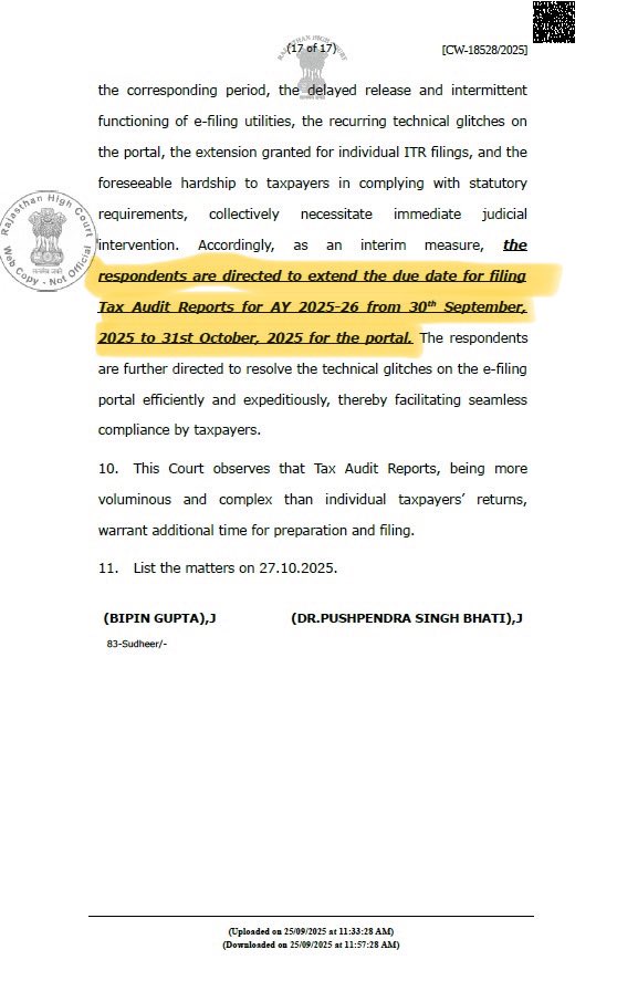 Here is the excerpt from Rajasthan High Court judgement where Hon’ble judges pointed out that CBDT not issued forms in the beginning of Assessment Year and recurring glitches on portal causing hardship to both taxpayer and professionals

#TaxAuditExtension #ExtendTaxAuditDueDate
