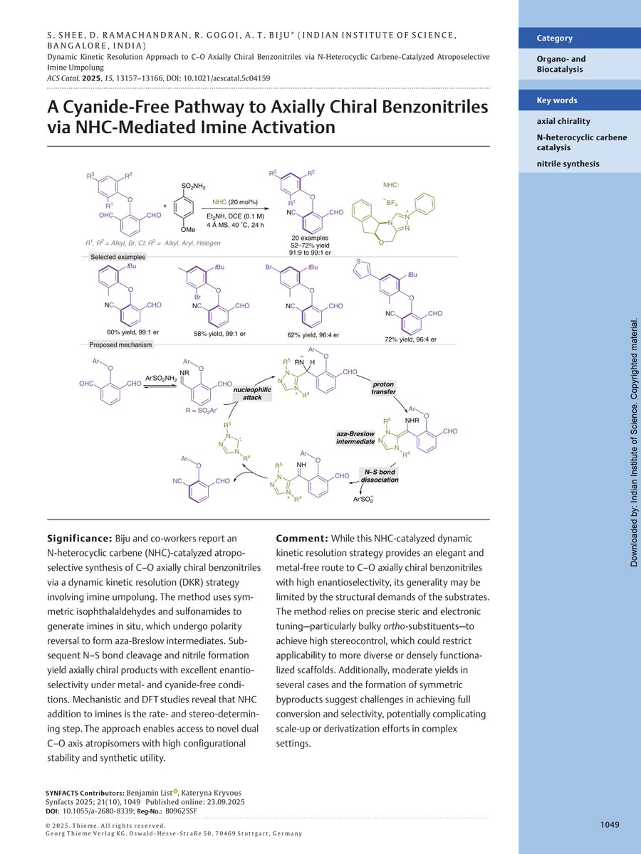 ATBiju Group (@atbijulab) on Twitter photo Happy 😃to share that two of our recent works have been highlighted in Oct issue of Synfacts. Indeed, one as the Synfact of the month👏!
pubs.acs.org/doi/10.1021/ac…; <a href="/JOC_OL/">J Org Chem/Org Lett</a> 
pubs.acs.org/doi/10.1021/ac…; <a href="/ACSCatalysis/">ACS Catalysis</a> 
Thank you <a href="/thiemechemistry/">Chemistry at Thieme</a> for the highlight🙏!
<a href="/iiscbangalore/">IISc Bangalore</a> Happy 😃to share that two of our recent works have been highlighted in Oct issue of Synfacts. Indeed, one as the Synfact of the month👏!
pubs.acs.org/doi/10.1021/ac…; <a href="/JOC_OL/">J Org Chem/Org Lett</a> 
pubs.acs.org/doi/10.1021/ac…; <a href="/ACSCatalysis/">ACS Catalysis</a> 
Thank you <a href="/thiemechemistry/">Chemistry at Thieme</a> for the highlight🙏!
<a href="/iiscbangalore/">IISc Bangalore</a>