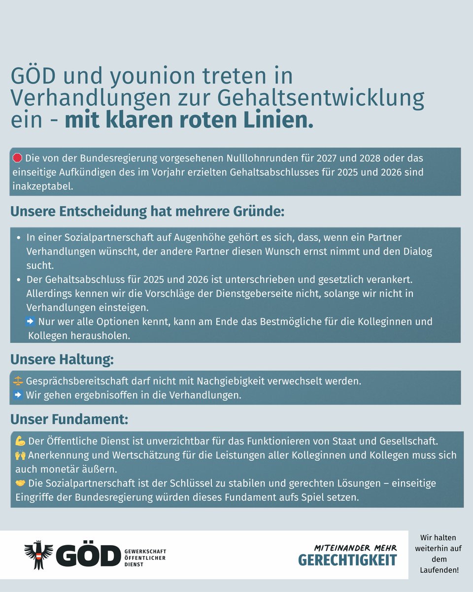 👉GÖD und younion treten ergebnisoffen in die Verhandlungen über die Gehaltsentwicklung ein. 📲Alle Infos dazu in den SharePics und auf goed.at/aktuelles/pres…