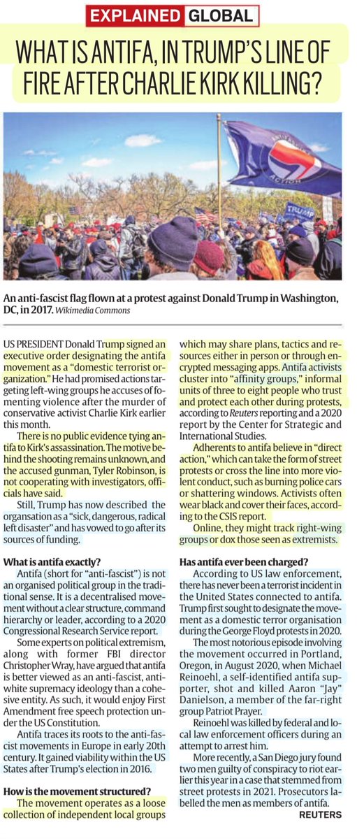 imRavikantYadav's tweet photo. What is Antifa, in Trump's line of fire after Charlie Kirk killing
:Details
#DonaldTrump
#Antifa #AntiFascista #DomesticTerroristOrganization
#AffinityGroups
#CharlieKirkshot #Kirk
#Law
#UPSC
Source: IE Reuters https://t.co/O4Sxdp9fr3