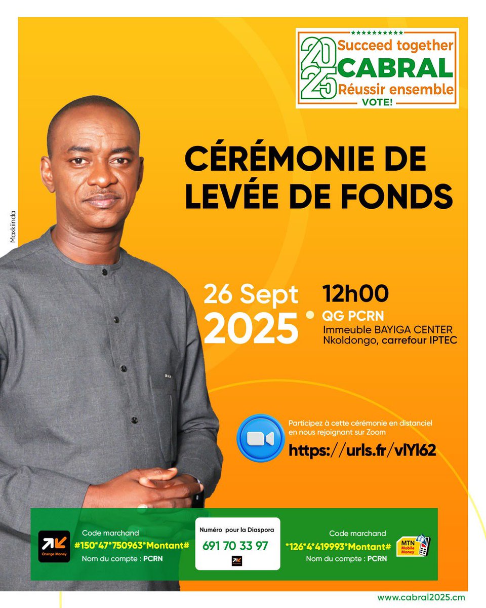 Pcrn_Officiel's tweet image. 🟧✊🏾 Fundraising ceremony this September 26 at 12:00 at PCRN HQ (Bayiga Center Building, Nkolndongo, IPTEC junction).

📍 Join remotely via Zoom 👉🏾 urls.fr/vIY162
👉🏾 cabral2025.cm

#succeedtogether #godisincontrol #orangecoalition
