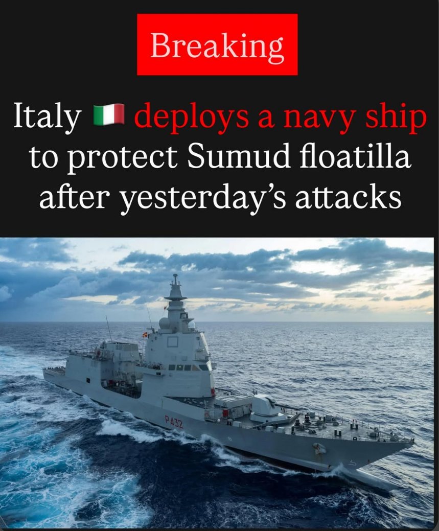 Tehreen_123's tweet photo. Another display of solidarity.... The Italian government sent a Navy sheep for protection Global sumud flotilla... Subhanallah #italian #GlobalSumudFlotilla #FreePalestineFromIsraelNOW #gzaa #FlotillaForGaza #GretaThunberg #IsraelTerroristEntity #IsraeliWarCrimes #stopgenocidein https://t.co/N6n7r3MkKy