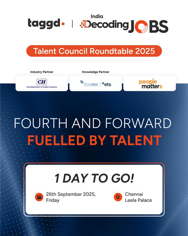 _taggd's tweet photo. 1 day to go!
As India embraces its position as the world’s fourth-largest economy, talent emerges as the most powerful driver of sustainable growth.
Join us at the IDJ Roundtable - Chennai, where CHROs and industry leaders will come together.
#IDJ2026 #DecodingJobs https://t.co/dmTJbbAsmL