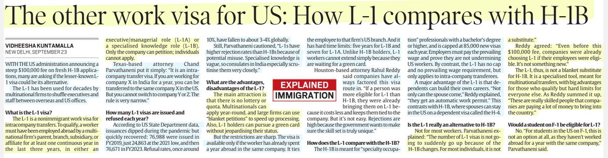 imRavikantYadav's tweet photo. The other work visa for US: How L-1 compared with H1-B

:Details by Ms Vidheesha Kuntamalla
@Vidheesha7 

#USA #L1visa #h1bvisa #h1bvisafee 
#L1A #L1B
#L1 #NonImmigrant #WorkVisa 

#UPSC

Source: IE https://t.co/bVCq39rcRh