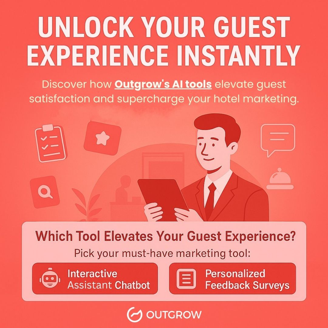 OutgrowCo's tweet image. 🌟 Upgrade Hospitality with Smart AI Tools
Quizzes, chatbots, and feedback forms, Outgrow helps hotels boost guest satisfaction and bookings with ease. 🏨✨
🚀 Try Outgrow Free! Link in comments.
#Outgrow #HospitalityMarketing #InteractiveContent #HotelMarketing #AIForHotels