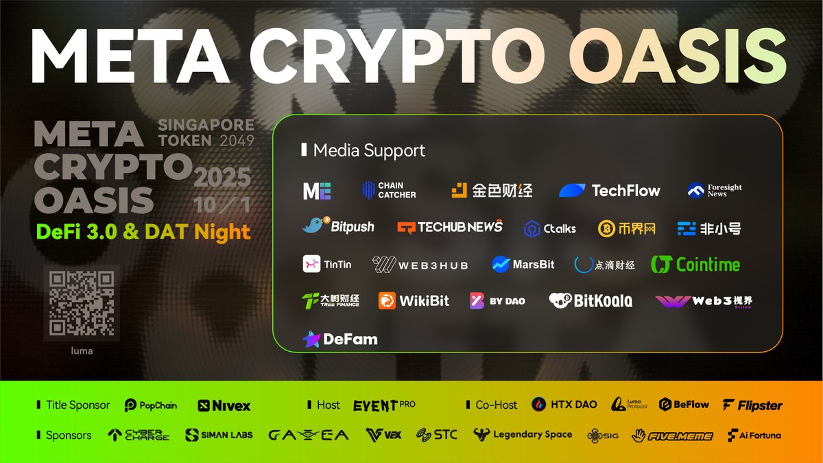 EventProWeb3's tweet image. 🚀✨ 衷心感谢所有媒体合作伙伴对 META CRYPTO OASIS: DeFi 3.0 &amp;amp; DAT Night 活动的大力支持！本次盛会将在新加坡TOKEN 2049期间举行。🙏

感谢各位与我们一同推动DeFi和区块链创新的未来。

📰 媒体支持： @MetaEraCN @ChainCatcher_ @JinseFinance @TechFlowPost @Foresight_News @bitpushnews…