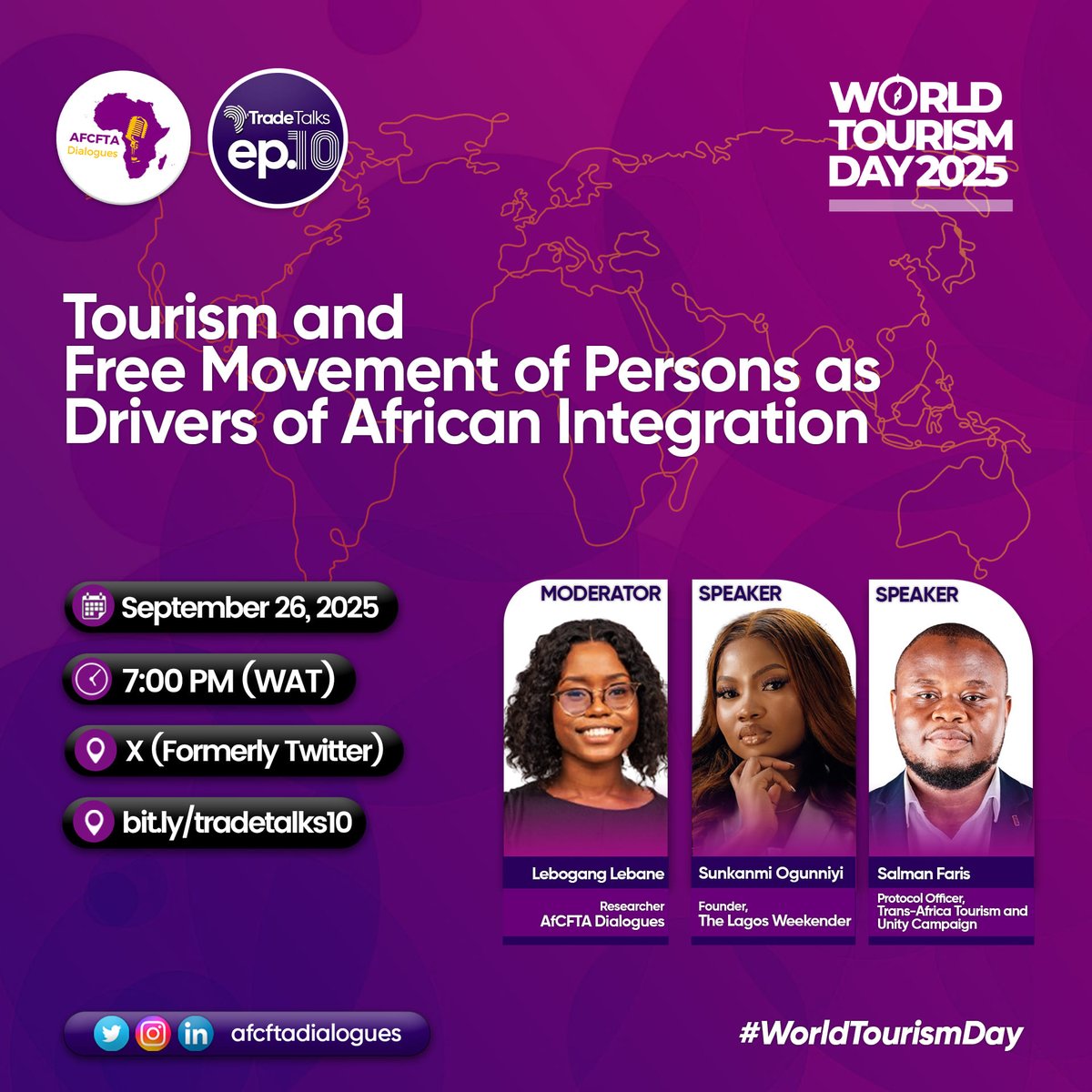 Celebrating #WorldTourismDay

Join #TradeTalks Ep.10: Tourism and Free Movement of Persons as Drivers of African Integration

📅 Sept 26 | ⏰ 7 PM WAT | 🔗 bit.ly/tradetalks10
📍 Live on X

With <a href="/rewolfdlihc/">Lebogang Lebane</a>, <a href="/Salman__Bilal/">Salman_Faris</a> &amp; Sunkanmi Ogunniyi of <a href="/Lagosweekender/">The Lagos Weekender</a>.

#AfCFTA