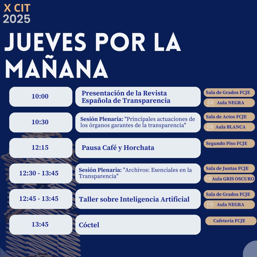 🌞 ¡Buenos días desde el #CIT2025 <a href="/COTransparencia/">Congreso Internacional de Transparencia #CIT2025</a> !!

👀Ahora en marcha: 

🕥 10:30 · Sesión plenaria: Principales actuaciones de los órganos garantes de la transparencia.

📂 Programa completo y retransmisiones 👉 linktr.ee/puenteuji

<a href="/UJIuniversitat/">Universitat Jaume I</a> <a href="/generalitat/">Generalitat</a> <a href="/dipcas/">Diputació de Castelló</a>