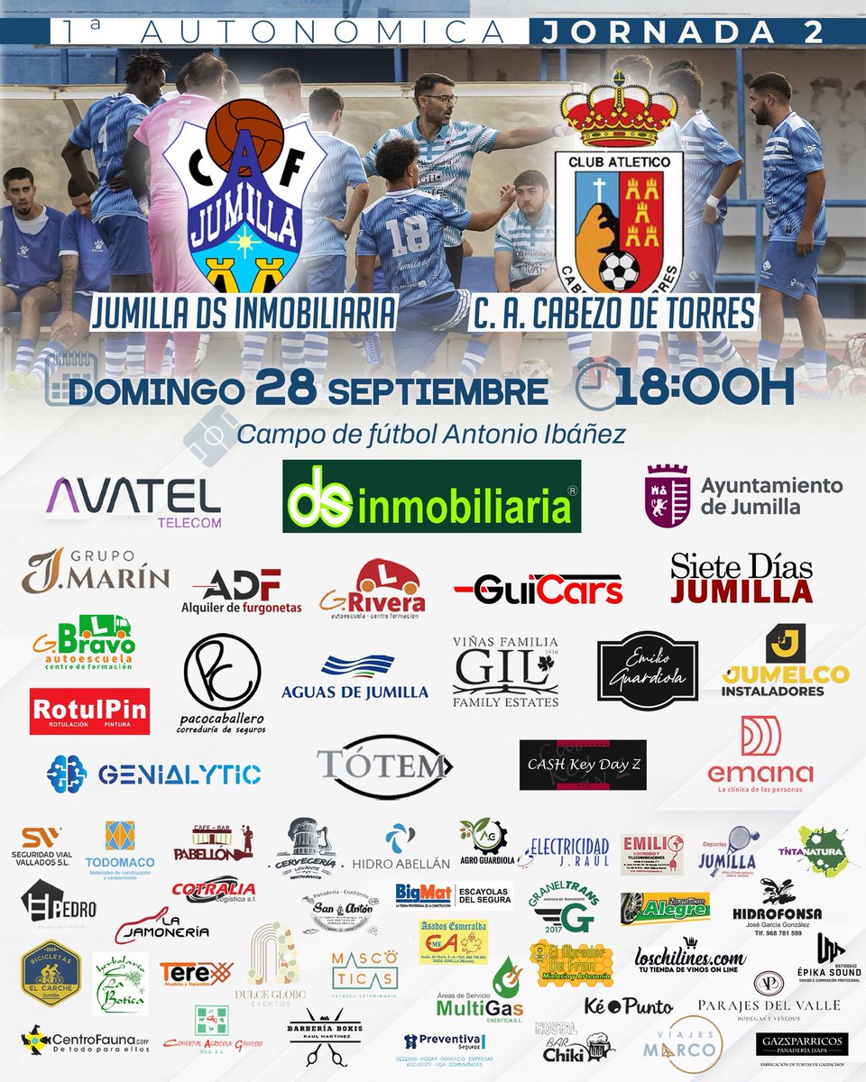 💪 ¡A por la segunda jornada de liga y primer partido junto a nuestra afición!

📅 Domingo 28 septiembre
⏰ 18:00h
🆚 CA Cabezo de Torres
🏟️ Campo de fútbol ‘Antonio Ibáñez’
📋 Jornada 2

🙌 A continuar con las buenas sensaciones y amarrar tres puntos muy importantes en casa.
