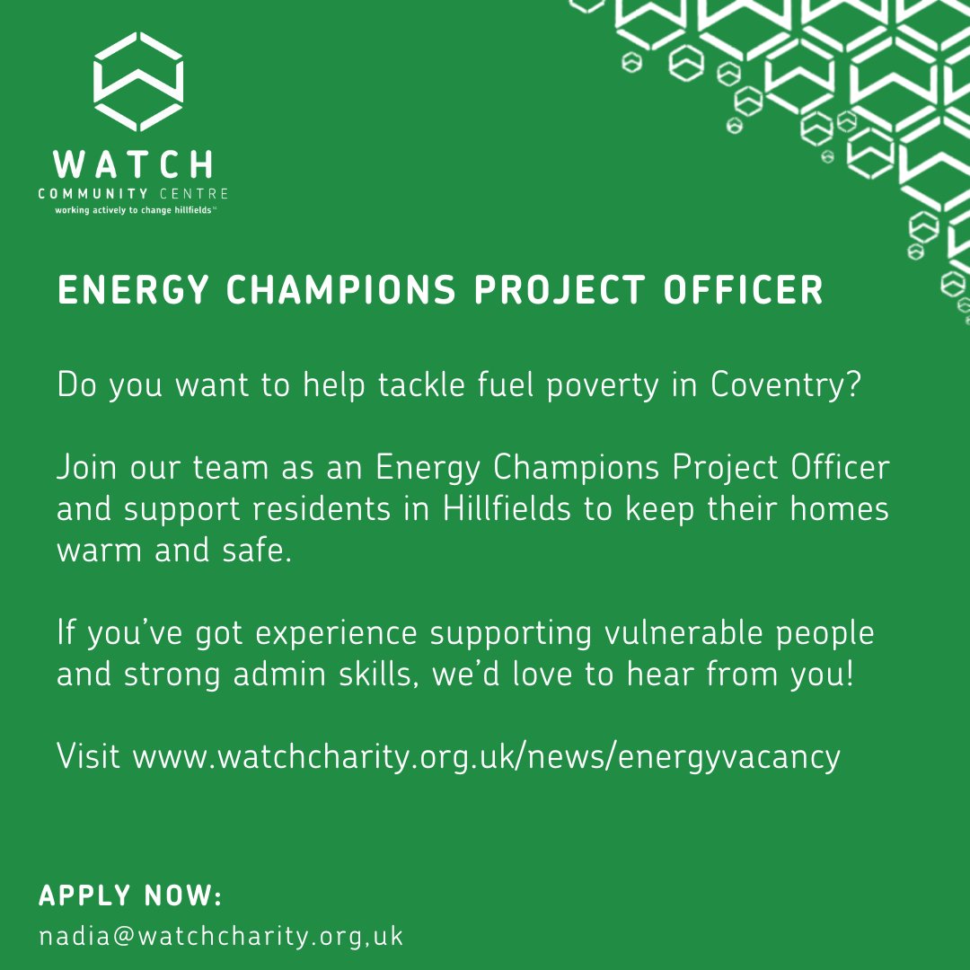 We’re hiring! Join us as an Energy Champions Project Officer to help tackle fuel poverty in Hillfields

💷 £12.60/hr (Real Living Wage)
⏰ 8 hrs/week (7 month contract)

Apply: nadia@watchcharity.org.uk
Details: watchcharity.org.uk/news/energyvac…

#Coventry #Vacancy #EnergyChampion <a href="/HillzFM/">Hillz FM Radio 98.6</a>