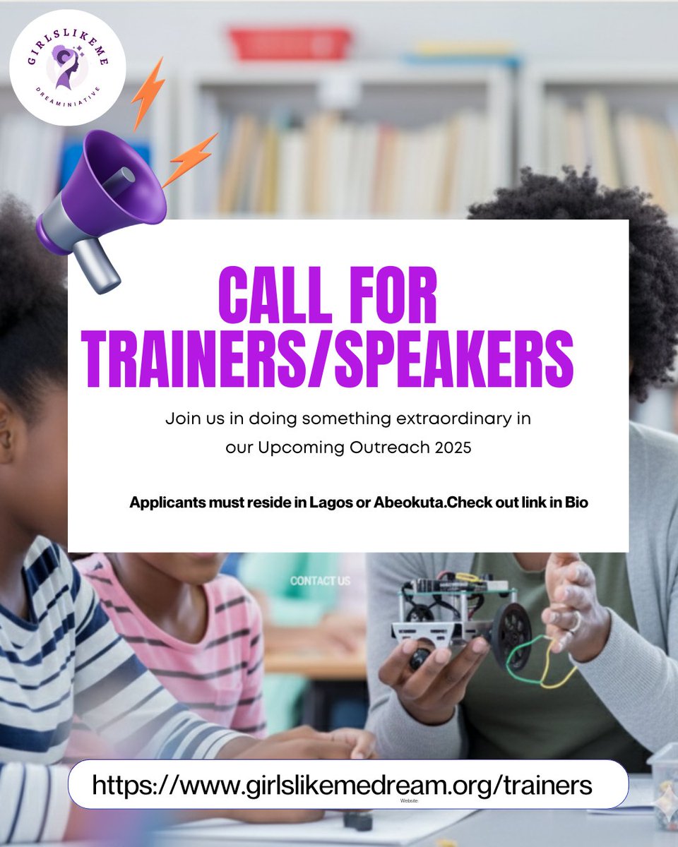 GirlsLikeMeAfri's tweet photo. we want YOU on board.
We need Speakers/Trainers in these areas
Hardware developers & Graphics Designers
Applicants must reside in Lagos or Abeokuta.
Apply here 👉 https://t.co/uZz0wnjoIW
#CallForTrainers #GirlsLikeMeAfrica #Impact #GirlsLikeMeDream https://t.co/i7tdmB4olF