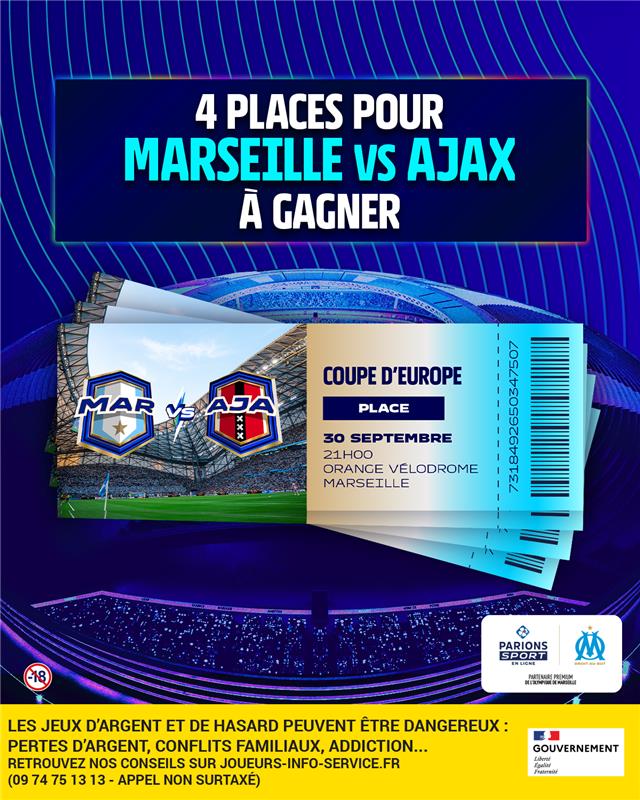 🔵⚪ L'OM est dans une forme OLYMPIQUE après sa victoire contre Paris 

🤩 La première à l'Orange Vélodrome en Coupe d'Europe le 30 septembre 👉 L'Ajax Amsterdam

On met en jeu 2x2 places pour ce match :  
1⃣ RT &amp; Follow 
2⃣ Réponds avec le hashtag #OMxParionsSport 

📅 TAS le