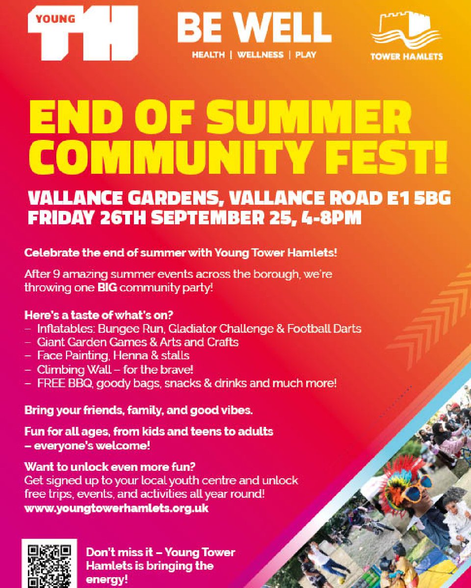 young_TH_'s tweet photo. End of Summer Community Festival☀️

To celebrate an amazing end to the summer Young Tower Hamlets, in collaboration with Be Well, are bringing you one final community event to wrap up the summer!

Join us on Friday 26 September for an unforgettable time - everyone's invited!🤩 https://t.co/6MnhkI5LYv