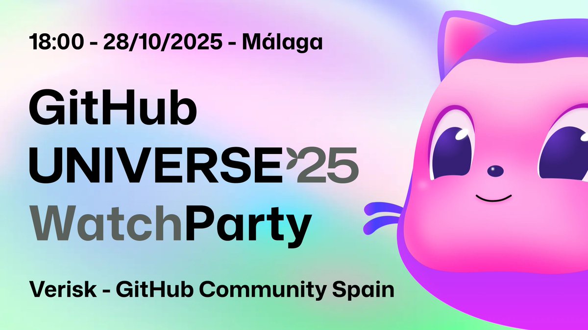 GithubCommSpain's tweet image. ¡Watch party de la GitHub Universe 25 en Málaga!
🗓️ 28 de octubre, 18:00h en las oficinas de Verisk.
Eventazo para amantes de GitHub. Conoce las últimas novedades y haz networking. Aforo limitado!
Consigue tu entrada aquí: meetup.com/ghspain/events…
#GitHubUniverse #GitHub