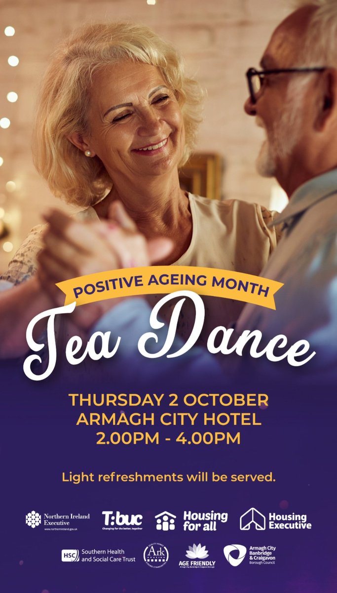 Let’s celebrate Positive Aging Month.
Thursday 2nd Octob
2pm-4pm
Venue: Armagh City Hotel
contact Orla Lamph  07785533039.Please note that a maximum of 2x spaces can be booked per person and attendees must live within the Armagh City, Banbridge &amp; Craigavon Borough Council area