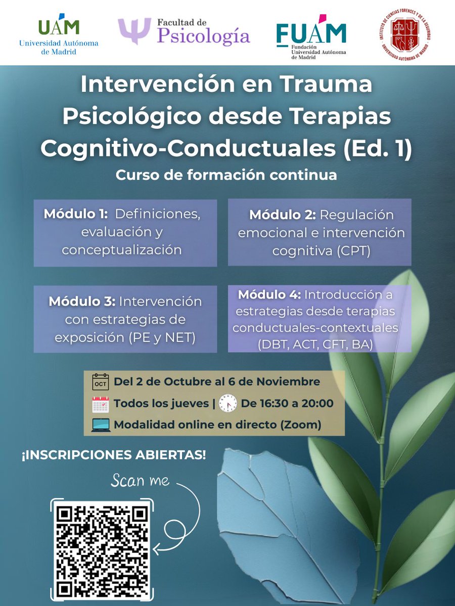 ICFS (@icfs_uam) on Twitter photo Plazas completas! La primera edición del curso Intervención en Trauma Psicológico desde Terapias Cognitivo-Conductuales ha sido todo un éxito. Con esta gran acogida seguro que nos animamos a lanzar una segunda edición, así que quienes estáis en lista de espera… estad atentos! 😉 Plazas completas! La primera edición del curso Intervención en Trauma Psicológico desde Terapias Cognitivo-Conductuales ha sido todo un éxito. Con esta gran acogida seguro que nos animamos a lanzar una segunda edición, así que quienes estáis en lista de espera… estad atentos! 😉