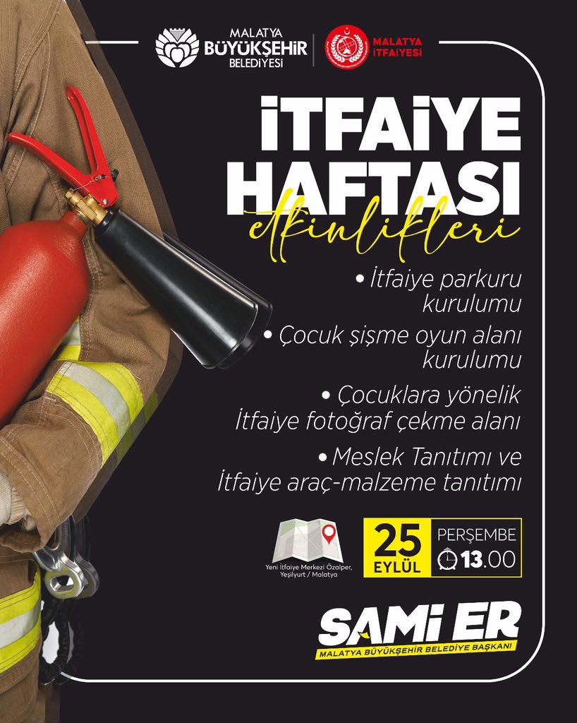 🚒 İtfaiye Haftası Etkinliklerimiz Başlıyor! 🚒

Malatya Büyükşehir Belediyesi İtfaiye Dairesi Başkanlığı olarak;
👶 Çocuk Oyun Alanı
👩‍🚒 Meslek Tanıtımı
🚒 İtfaiye Araç ve Malzeme Tanıtımı
📸 Fotoğraf Çekim Alanı

hazırladık.
Tüm vatandaşlarımızı etkinliklerimize davet ediyoruz!