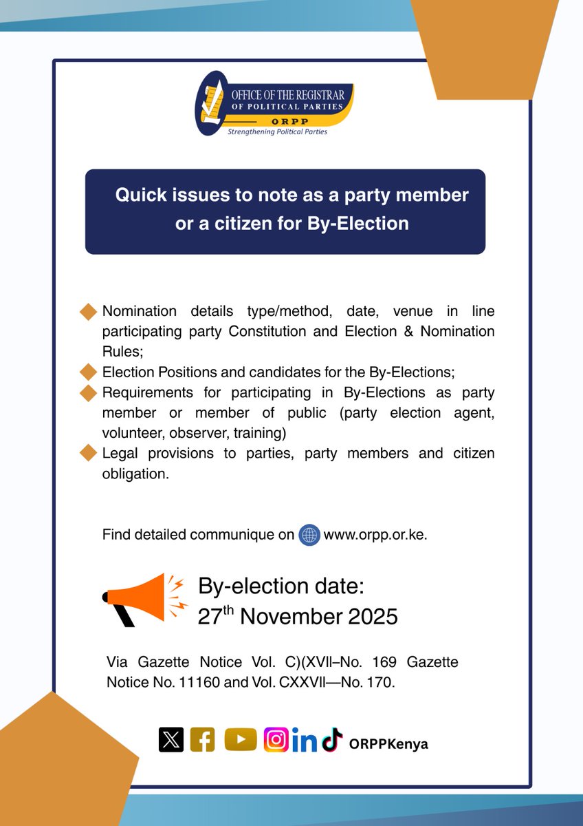 From Aspirants to Party members /citizens  participating in the By-Elections. Get to know all the requirements in the link below📷 orpp.or.ke/notices-and-an…