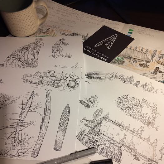Here is a glimpse into our little creative team. After intensive research &amp; discussion, the first drafts &amp; ideas for the #StoneAge world are emerging-fire pits, tools, dwellings, people, animals &amp; plants are being sketched, and of course, coffee is a must. #archaeology #ArchIllu