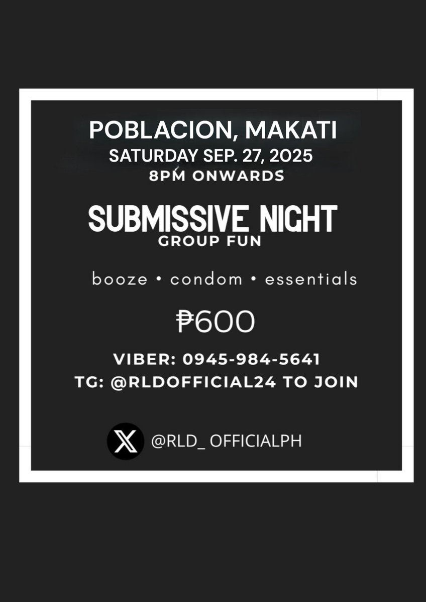 Red Light District Philippines V2.0 (@rld_officialph) on Twitter photo Slots are NOW OPEN for Saturday Night Group Fun at Poblacion Makati Venue π¦π¦ for more details kindly DM and Viber. Our events are π―% NO PHOTOS, VIDEOS & DRUGS
π₯ UNLIDRINKS
π¦ DARK ROOM
π PICA PICA FOODS
You will automatically get 1k voucher from <a href="/urban_groomph/">Urban Groom</a> Slots are NOW OPEN for Saturday Night Group Fun at Poblacion Makati Venue π¦π¦ for more details kindly DM and Viber. Our events are π―% NO PHOTOS, VIDEOS & DRUGS
π₯ UNLIDRINKS
π¦ DARK ROOM
π PICA PICA FOODS
You will automatically get 1k voucher from <a href="/urban_groomph/">Urban Groom</a>