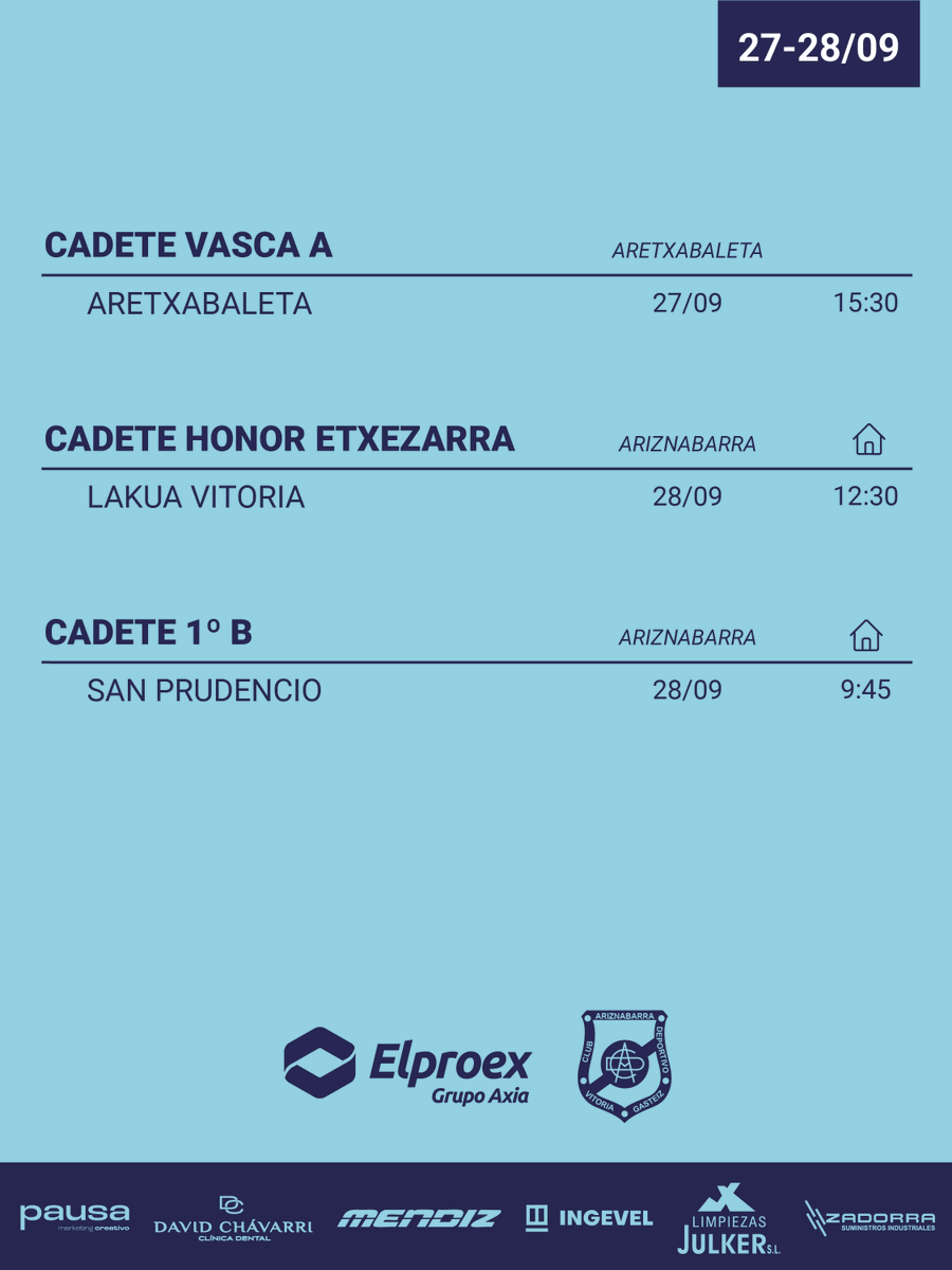 📅 𝗣𝗔𝗥𝗧𝗜𝗗𝗢𝗦 𝗗𝗘𝗟 𝗙𝗜𝗡𝗗𝗘

Fin de semana con nueva jornada para nuestros equipos ⚽💙.
Aquí tienes los horarios de todos:

🔵 Rival, día, hora y campo para que no te pierdas nada.

¡Aupa Ariz! 💙

#HorariosAriz #ElproexAriznabarra #AupaAriz