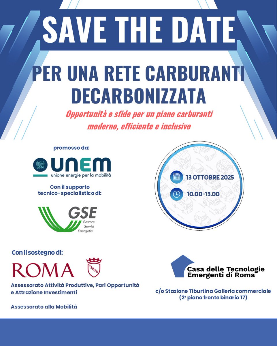 Il 13 ottobre si terrà il #Convegno promosso da #UNEM con il supporto tecnico di <a href="/GSErinnovabili/">GSE</a>  e il sostegno di #RomaCapitale “Per una rete carburanti decarbonizzata: opportunità e sfide per un piano carburanti moderno, efficiente e inclusivo”. unem.it/per-una-rete-c…