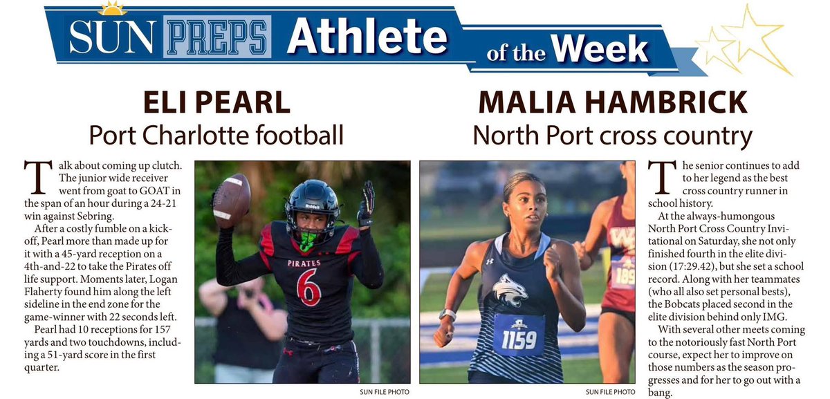 Congrats to <a href="/PortCharlotteFB/">Pirate Football</a>’s <a href="/EliasPearl6/">Elias pearl</a> taking the <a href="/Sun_Preps/">Sun Preps</a> Athlete of the Week! (Boys)
