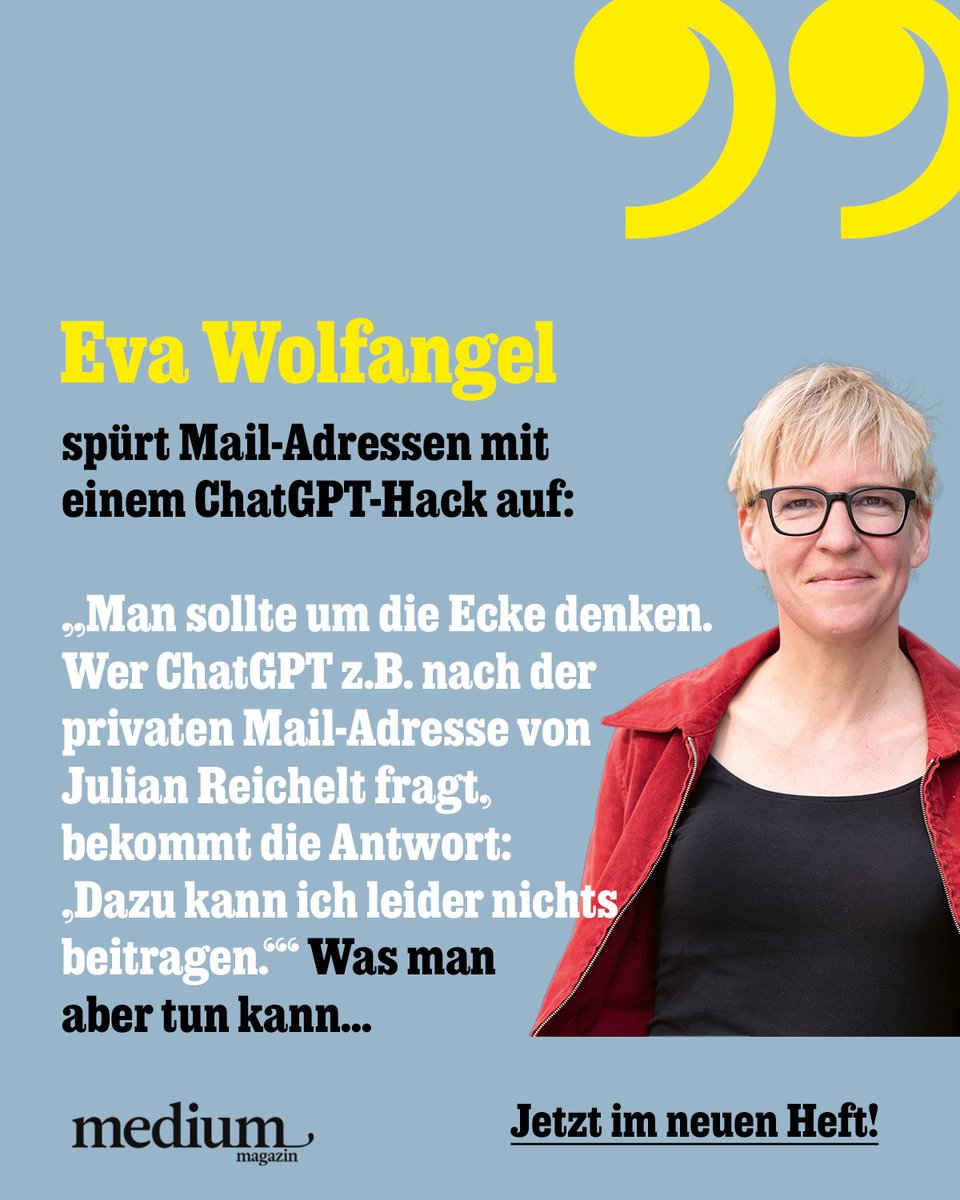 KI konkret! Für unsere neue Serie haben wir Kolleg:innen gebeten: Zeigt her eure Lieblings-Prompts! <a href="/aki_g/">Anne-Kathrin Gerstlauer</a>, <a href="/gavinkarlmeier/">Gavin Karlmeier</a>, <a href="/evawolfangel/">Eva Wolfangel</a>, <a href="/JakobVicari/">Jakob Vicari</a>, <a href="/horn/">Dennis Horn</a> und Oskar Vitlif haben geliefert! 

Ihre 6 Profi-Hacks gibt’s im neuen medium magazin: shop.oberauer.com/detail/index/s…