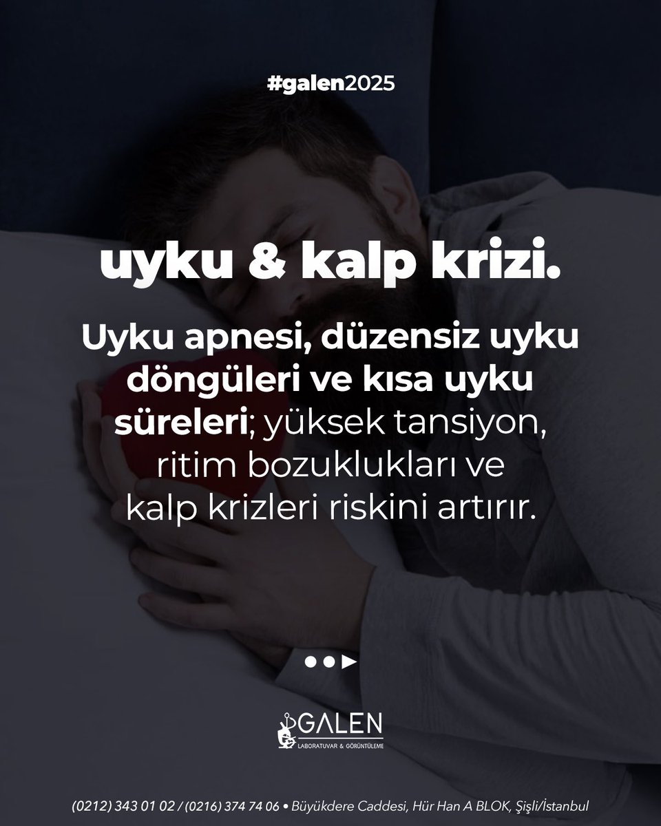 Galen_Lab's tweet photo. Uyku Kalitesi ve Kalp Sağlığı Arasındaki Bağlantı

Yetersiz ve kalitesiz uyku, sadece gün içinde yorgunluk hissettirmez; kalp-damar sistemi üzerinde ciddi etkileri olabilir. Uyku apnesi, düzensiz uyku döngüleri ve kısa uyku süreleri; yüksek tansiyon, ritim bozuklukları ve kalp krizleri riskini artırır.

Galen Laboratuvarı’nda; uyku hormonları (melatonin, kortizol), nabız ve tansiyon ölçümleri, gerekirse uyku testi gibi tetkiklerle uyku kaliteniz değerlendirilebilir. İyi uyku sadece dinlenmek değil, kalbinizi korumaktır.

Poor and insufficient sleep doesn’t just make you tired during the day — it may seriously impact your cardiovascular system. Sleep apnea, irregular sleep patterns, and short duration sleep can increase risk of high blood pressure, arrhythmias, and even heart disease.

At Galen Laboratory, your sleep quality can be assessed via testing melatonin & cortisol levels, monitoring blood pressure and pulse, and using sleep studies if needed. Good sleep isn’t just rest — it’s protection for your heart.

uyku kalitesi, kalp sağlığı, uyku apnesi, tansiyon kontrolü, uyku hormonları, melatonin testi, Galen Laboratuvarı
sleep quality, heart health, sleep apnea, blood pressure monitoring, melatonin test, Galen Laboratory, cardiovascular risk