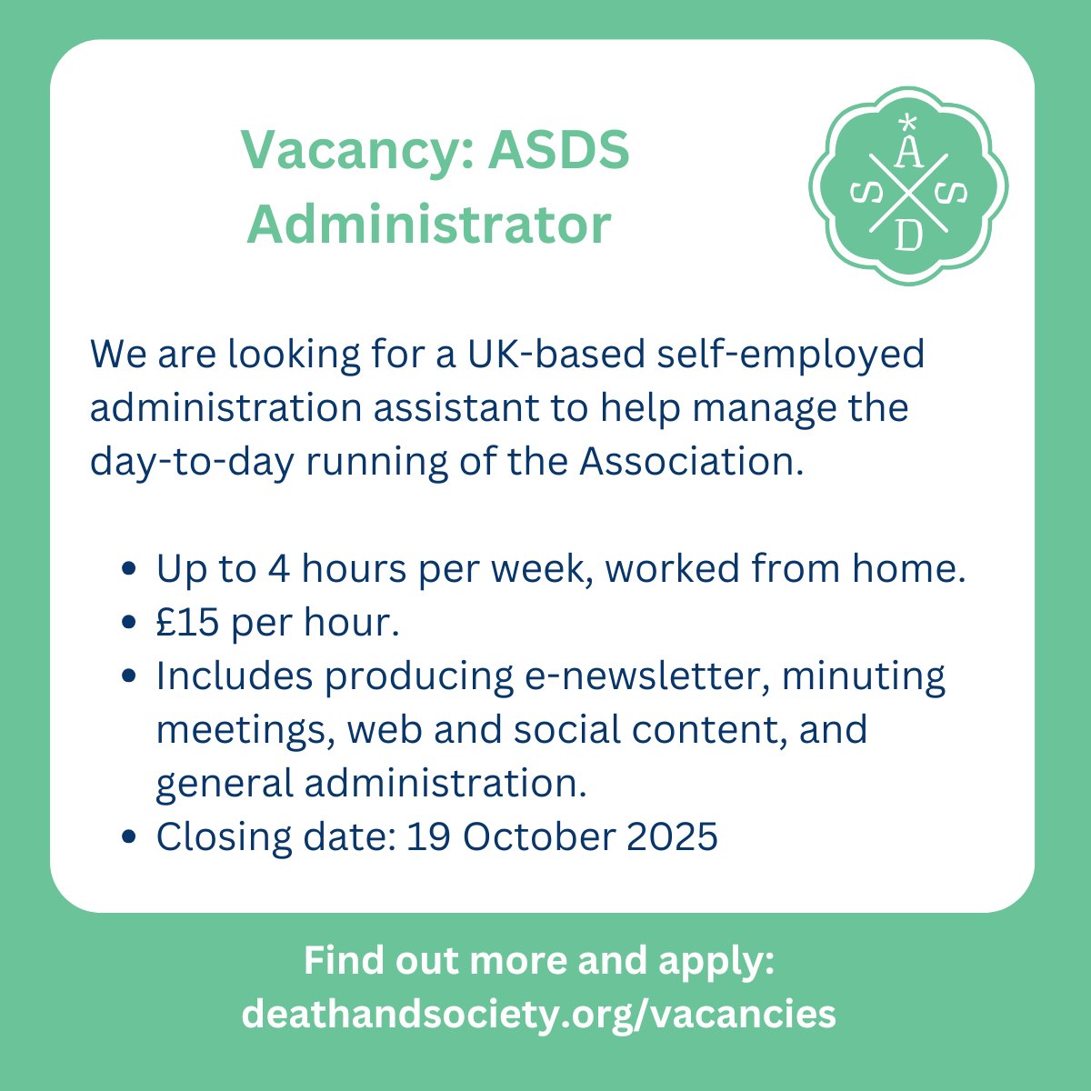 asds_death's tweet photo. 📢 We're looking for a new paid, part-time, ASDS administrator. If you're organised and a good communicator, find out more and apply by 19 Oct. https://t.co/gbuhupVd0l https://t.co/DmQK9PBUOt