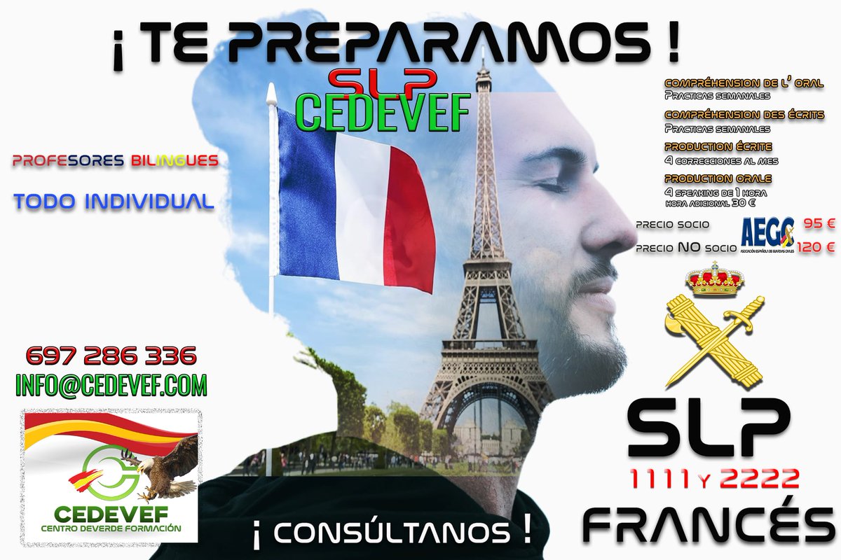¿A qué esperas para conseguir el SLP de francés?🇫🇷

👩‍🏫Profesores expertos
🗣️Entrenamiento oral
📝Simulación de exámenes
💚Formación totalmente personalizada y guiada según las necesidades

🦅 Avanza en tu carrera y consigue tu acreditación.💚

#GuardiaCivil #SLP #idioma #Francés