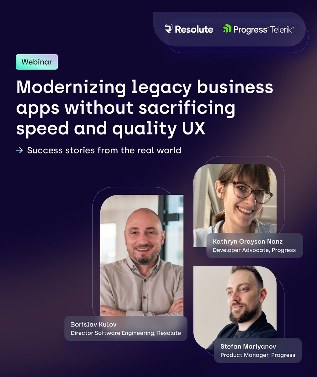 ResoluteSoftHQ's tweet image. 🚀 Modernizing legacy apps? Don’t trade speed for UX. #KendoUI

Join Resolute + @Telerik for a joint #webinar on Oct 14 to learn how to:
✅ Keep performance solid
✅ Accelerate delivery
✅ Sync design + code
✅ Cut time-to-market

🔗 Save your spot → shorturl.at/Cq1RZ