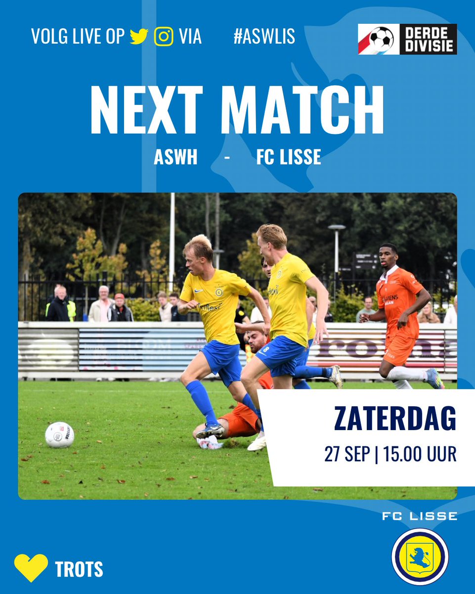 FC Lisse (@fclisse) on Twitter photo ⚽️ NEXT | Speelronde 7 | <a href="/Derde_Div/">Derde Divisie</a> | ⚪️⚫️ ⚔️ 🟡🔵 #fclisse #derdedivisie #aswLIS
Zaterdag speelt FC Lisse een uitwedstrijd tegen @aswh
Aftrap 15.00u op sportpark Schildman in Hendrik-Ido-Ambacht 🟡⚽️🔵
Hier de voorbeschouwing van onze JKF
👇🏻
fclisse.nl/voorbeschouwin… ⚽️ NEXT | Speelronde 7 | <a href="/Derde_Div/">Derde Divisie</a> | ⚪️⚫️ ⚔️ 🟡🔵 #fclisse #derdedivisie #aswLIS
Zaterdag speelt FC Lisse een uitwedstrijd tegen @aswh
Aftrap 15.00u op sportpark Schildman in Hendrik-Ido-Ambacht 🟡⚽️🔵
Hier de voorbeschouwing van onze JKF
👇🏻
fclisse.nl/voorbeschouwin…