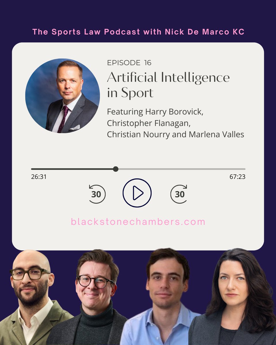 Streaming now, episode 16 of the Sports Law Podcast: Artificial Intelligence in Sport. 

<a href="/nickdemarco_/">Nick De Marco KC</a> is joined by Harry Borovick, Christopher Flanagan (<a href="/LegalManFC/">Christopher Flanagan</a>), Christian Nourry and Marlena Valles.

blackstonechambers.com/podcasts/the-s…