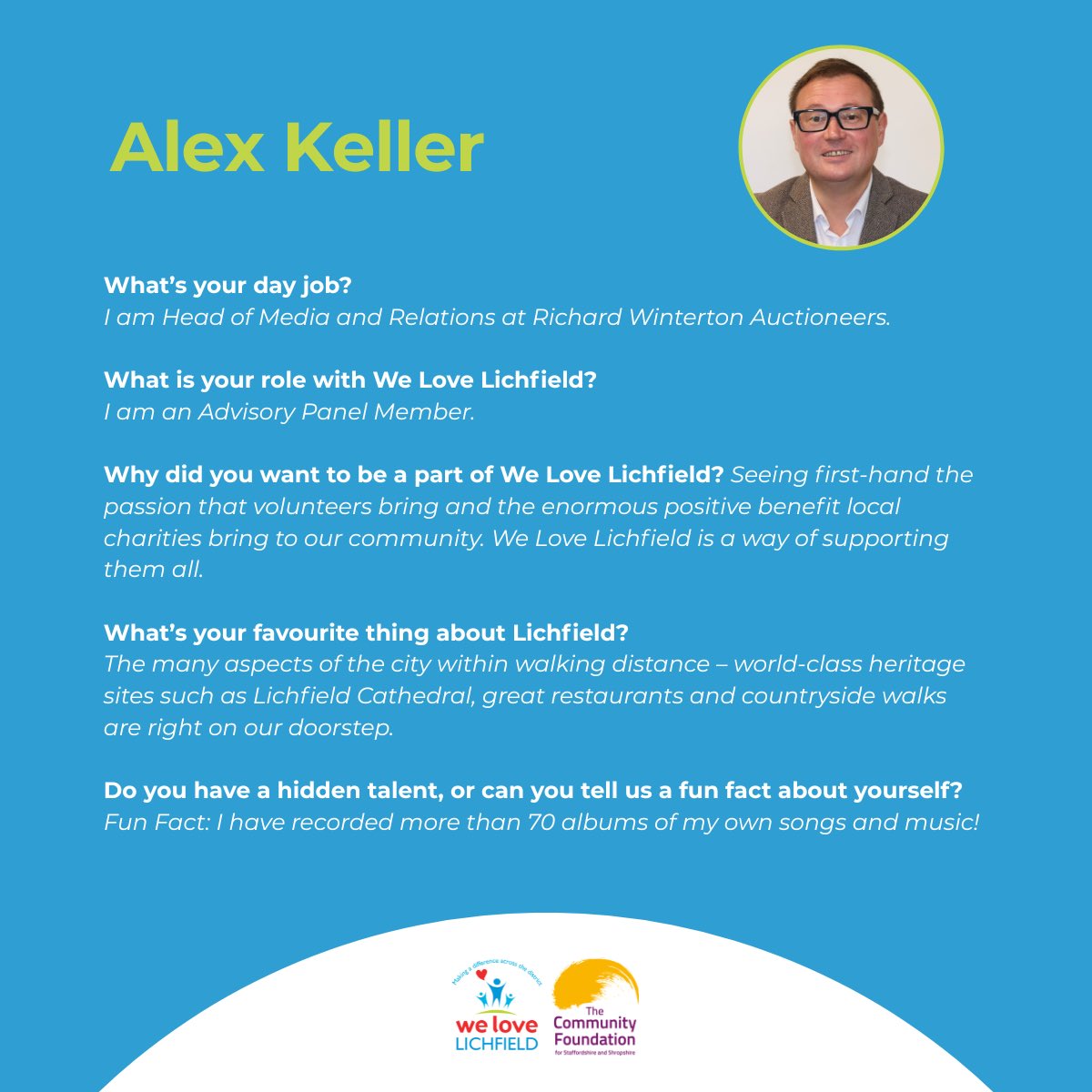 He’s Head of Media &amp; Relations at Richard Winterton Auctioneers, an Advisory Panel Member with We Love Lichfield, and has even recorded 70+ albums of his own music 🎶

Meet Alex! 👋🏻

#WeLoveLichfield #MeetTheTeam #LichfieldLife #CommunityMatters