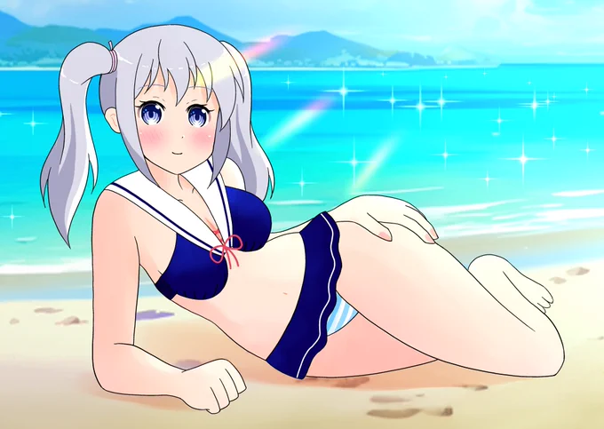 夏終わっちゃいましたね #創作イラスト #創作キャラ #銀髪ツインテールの後輩ちゃん