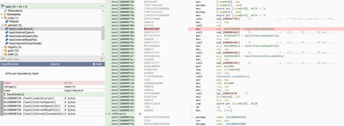 #Malcat tip #10: analysing backdoored clean software can be hard. 
A quick win is to pivot around known constants, thanks to Malcat's 400k+ constants DB (here a #Tropidoor dlder):